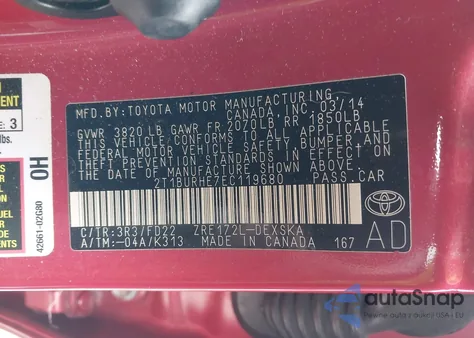 2014 Toyota Corolla S Plus z USA, uszkodzony, nr VIN 2T1BURHE7EC119680